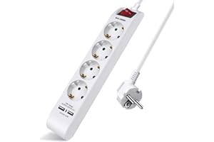 STAR INTERCONNECTION Regleta Enchufe con 4 Tomas y 2 Puertos de USB, Regleta de enchufes con Interruptor, Protección Infantil, MAX 3680W, 1,5 m, Blanco, 1pc