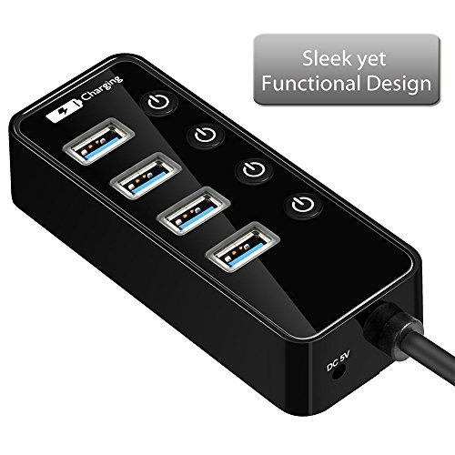 V.one High Speed Aktiver USB 3.0 Datenhub 4 Ports Hub Adapter Verteiler Datenübertragung Power mit mit 1 Ladeport(Max 2.4A) und 4 Schaltern 5Gbps Data Transfer Ports Splitter DC Power Adapter für Win7/8/10 PC Mac Macbook Laptop Notebook Windows MAC iPhone, iPad, Samsung, Motorola, HTC und andere USB 3.0 kompatiblen Geräten (inkl. 5V/2A Schnelles Laden Netzteil) - 3