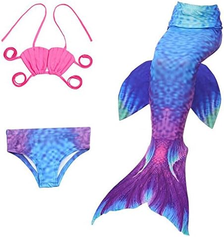 YYFishtail 3PCS Girls' Swimsuit Mermaid Tail For Swimming Princess Bikini Set Swimsuit Bathingsuit, F, 140cm