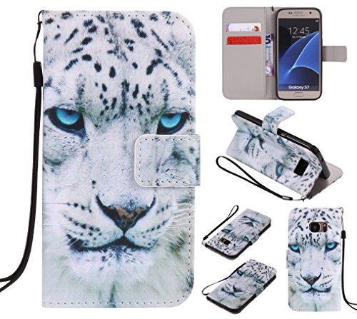 Feeltech Samsung Galaxy S7 Hülle PU-Leder und Brieftasche Bunte Muster Fall mit Magnetverschluss, Hybrid-Kickstand mit Stand-Funktion, schlagen Sie schützende weiche TPU Stoßstangenabdeckung und Kreditkartenhalter für Samsung Galaxy S7 Handgelenk Bügel-Buch-Art-Geldbeutel-Tasche mit 2 In 1 Berühren Sie Stift – White leopard - 8