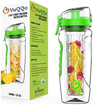 VuQQo Fruit Infuser Water Bottle by BPA Free - Durable and Leak Proof - Large 946ml/32oz - Green
