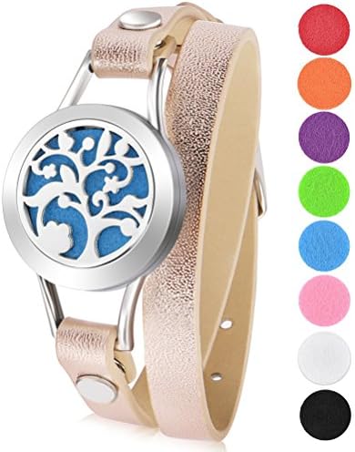 Essential Oil Diffuser Bracelet LoveSea 25mm Aromatherapy Locket Bracelets Leather Band with 8 Color Pads(Tree)