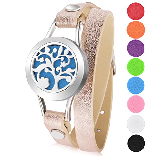 Essential Oil Diffuser Bracelet LoveSea 25mm Aromatherapy Locket Bracelets Leather Band with 8 Color Pads(Tree)