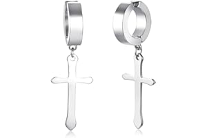 XUANPAI Stainless Cool Clip Earrings Piercing Stainless Steel Ankh Cross Charm Hoop Dangle Hinged Stud Earrings for Men Women Teen Gilrs Boys