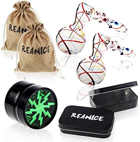 REANICE PIPE 2-PCK Glass Bubbler Pipe for smoking with Carb Hole (H:10cm W:13cm) + herb grinder/boxes/bags