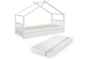 VitaliSpa Letto montessori bambini Design, Bianco, 90x200 cm con 2 cassetti e materasso