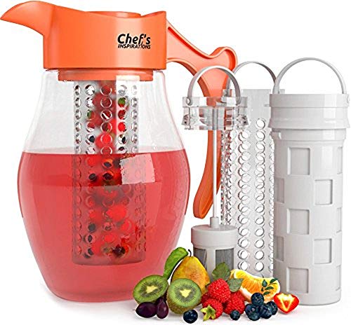 Chef de inspiraciones 3 Core infusión jarra de agua. 3 Quart (2,8 litros). Mejor para sabor con té, frutas o hierbas. Incluye 3 insertos para frutas, infusor de té y hielo. Bono E-book de recetas.