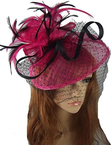 Fuchsia & Black Sinamay Fascinator With Birdcage Veil - Occasion Wedding Races