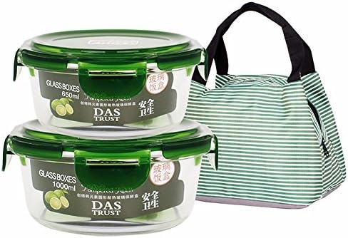 Yxhflo Borosilicate Pyrex Glass Containers Microwave Dedicated Fresh Cartridge Admit W/Cover Glass Bowl 3 Kit , Green Circle 650+1000+ Package