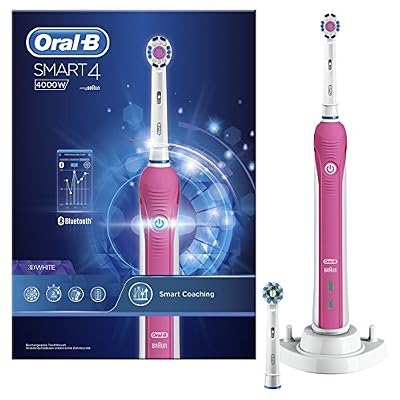 Oral-B Smart 4 4000W 3DWhite Brosse à Dents Électrique Rechargeable par Braun, 1 Manche Connecté Rose, 3 Modes dont Blancheur et Douceur, 2 Brossettes