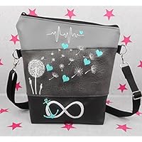 pinkeSterne ☆ Umhängetasche Handtasche Schultertasche Kunstleder Bestickt Stickerei Handmade FoldOver Schwarz Grau / W4-NBIB-3VRM