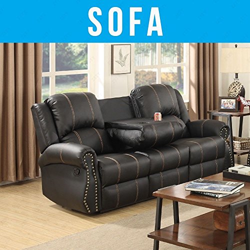 UEnjoy Sofas 3+2+1 seater Leather Recliner Sofa Suite Black Gold Thread (3 seater,Black)