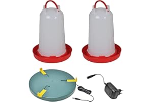 Tränke und Heizplatte von VOSS.eisfrei im Set, 2X Geflügeltränken mit Bajonettverschluss 6 Liter + 30cm VOSS.eisfrei Heizplatte für Geflügelhaltung, Wärmeplatte als Tränkenwärmer für Hühner