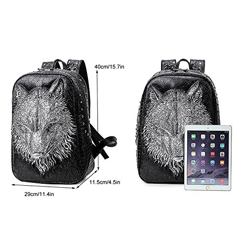 Koolertron Wolf Studded College Rucksack Laptop 14″ Backpack Kunstleder Unisex Vivid AnimalPrint für Frauen Mädchen Männer Jungen Schulranzen3D Tier Schulrucksack Fuer Schule Camping Reisen (Silber) - 3