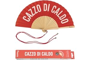 Fisura – Abanico Original con Mensaje “c*zzo di Caldo”. Abanico de Madera Moderno y Gracioso. Abanico Rojo y Blanco. Medidas: 42,5 x 23 cm. Madera y Textil.