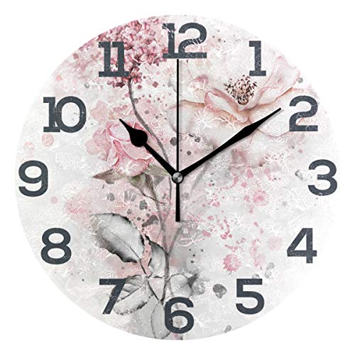 SENNSEE Pink Flowers Wall Clock Acrylic Decorative Round Clock Art for Home Decor Bedroom Living Room