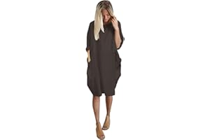 AMDOLE Women's Pocket Loose Dress Ladies Round Neck Casual Knee Length Dress Casual Dress with Belt