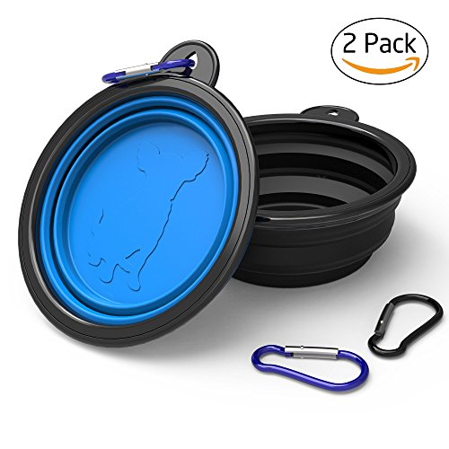 Pour Animal domestique Bol, Ezire Gamelle pliable de voyage en silicone sans BPA Gamelle pour chat Portable Pliable Nourriture pour animaux Bol d'eau avec mousquetons, Lot de 2 (Noir/bleu)