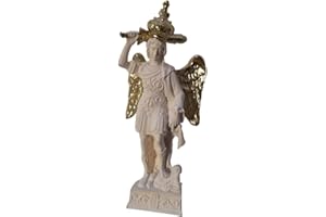 EUROFUSIONI San Michele Arcangelo Piccola Statua - Figura Bianca con corona, spada e ali dorate dipinte a mano - Statuetta h 10 cm