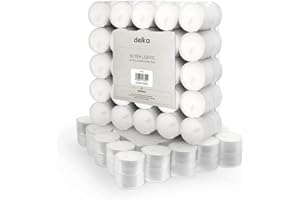 delka Unscented Tea Lights White- Long-Lasting 8 Hour Burn Time-Smoke-Free Bright Flame -Ideal for Weddings, Events, Aromatherapy, Home Décor, and Emergency Use-Premium Quality (White, Pack of 50)