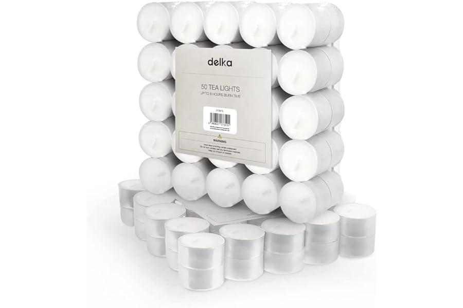 delka Unscented Tea Lights White- Long-Lasting 8 Hour Burn Time-Smoke-Free Bright Flame -Ideal for Weddings, Events, Aromatherapy, Home Décor, and Emergency Use-Premium Quality (White, Pack of 50)