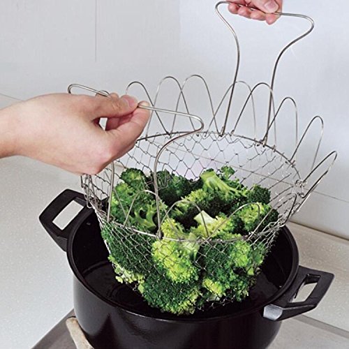 csmarte Fry French Chef Basket, abtropfsieben & Lebensmittel Sieb faltbar Dampf Spülen Zugentlastung Magic Resteschale Edelstahl Net Korb für Home Küche Kochen - 3