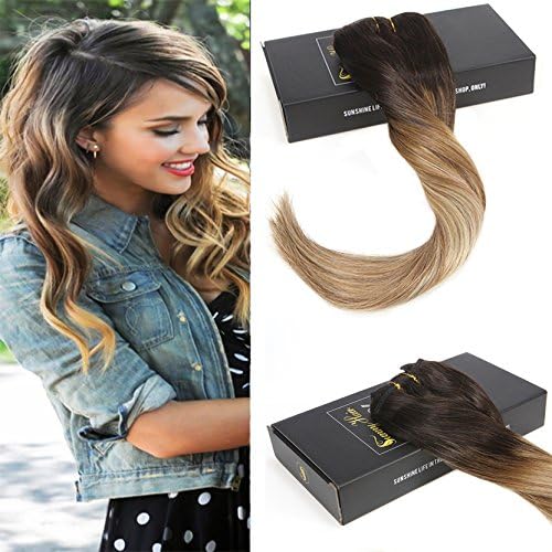 Sunny 22inch Human Hair Clip in Extension Dip-Dyed Color Darkest Brown Mixed Medium Brown with Blonde 7pcs Clip in Extensions Human Hair 120g