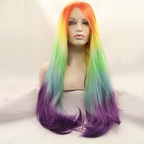 premium rainbow colorful silky straight wigs glueless mix color synthetic lace front wig heat resistant fiber hair