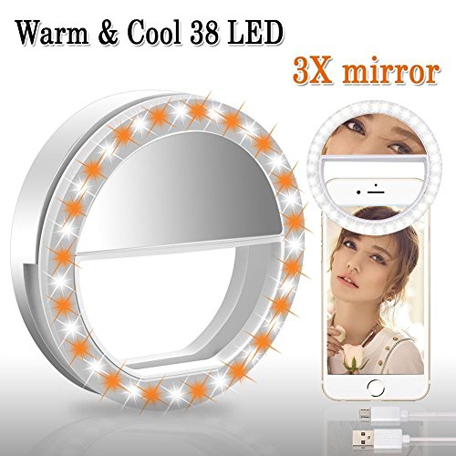 BMK Selfie Anillo de luz Clip Recargable 38 Bombillas LED Ajustable Selfie Iluminación portátil para iPhone, Tablet, iPad, portátil, cámara