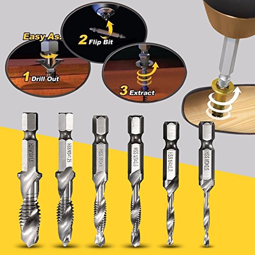 Drillpro Profi 6-teilig Kombi Gewindebohrer Bit Satz 1/4“ HSS M3-M10 Schraube Sechskantschaft Senker Werkzeuge Bohrer-Bit Set - 5