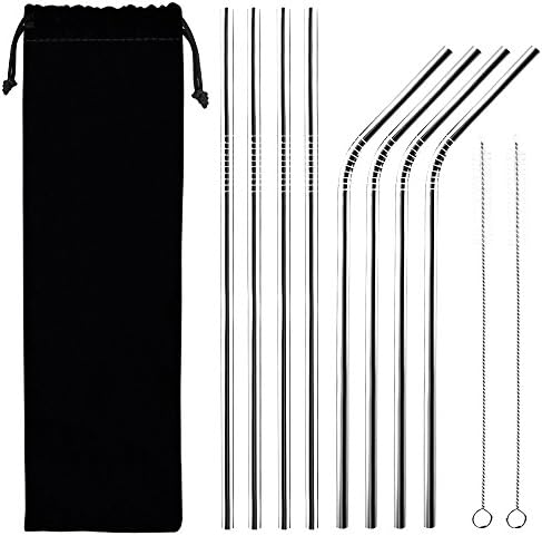Stainless Steel Straws, HYCKee Reusable 8 Set, Metal Drinking Straw for 20oz Tumblers Cups with 2 Free Cleaning Brush Carry Bag Included