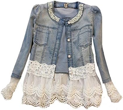 Ladies Girls Women Student Spring Autumn Punk Lapel Zipper Slim Fitted Long Sleeve Lace Denim Jean Coat Casual Blazer Jacket Stylish Crop Biker Zip Up Outwear (EU 40 =Asia XXL) Blue