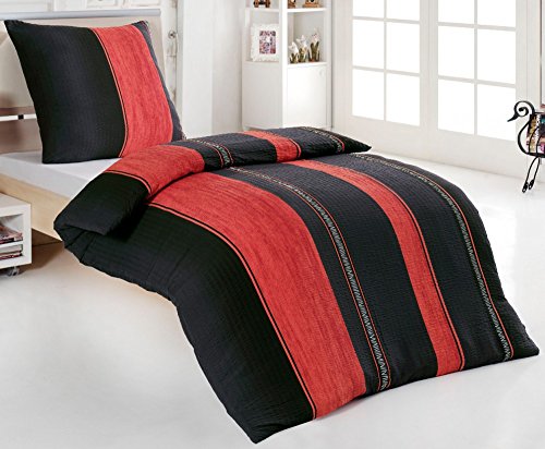 2 tlg Microfaser Sommer Seersucker Bettwäsche 135x200 od. 155x220 ROT SCHWARZ, Größe:135 x 200 cm;Design - Motiv:Design 1