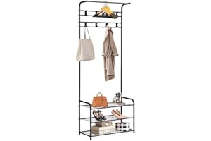 Panana 3 Tier Shelves Metal Coat Rack Stand with Shoe Storage Hallway Furniture 8 Hooks (Black)
