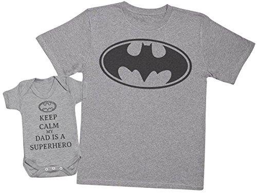 Zarlivia Clothing Keep Calm My Dad Is A Hero - Regalo para Padres y bebés en un Cuerpo para bebés y una Camiseta de Hombre a Juego - Gris - X-Large & 0-3 Meses