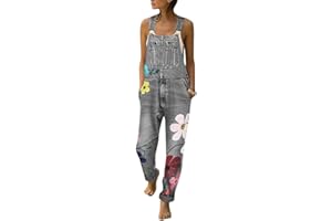 Onsoyours Jeanslatzhose Damen Latzhose Retro Jeanshose Trägerhose Hoseanzug Denim Blumen Overall Gerades Bein Lang Trägerhose Ärmellos Locker mit Taschen