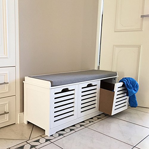 SoBuy® moderne Schuhtruhe,Sitzkommode mit 3 Körben,Sitzbank, Schuhschrank mit Sitzkissen,Spieltruhe, FSR23-W - 2