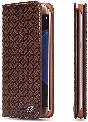 Galaxy S7 Edge,Fierre Shann Genuine Leather Case Luxury Handmade Wallet/Purse Case Copper Pattern Leather Cover for Samsung Galaxy S7 Edge with Card Solt(Brown)