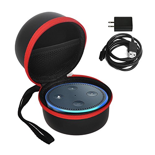 Preisvergleich Produktbild Echo Dot Fall / Beutel / Kasten, KuGi Amazonas Echo-Punkt (2. Erzeugung) Fall, beweglicher schützender tragender Fall Abdeckungs Beutel Kasten für Amazonas Echo Punkt und ganz neuer Echo-Punkt (2. Erzeugung), kompatibel mit USB-Kabel und Wand-Aufladeeinheit (Schwarz Rot)
