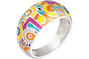 Jeulia Damen Sterling Silber Ring Mehrfarbig Emaille Blumen Geometrisch Diamant Band Ring für Frauen Mädchen Breiter Ring Party Schmuck Personalisierte Anniversary Geschenk
