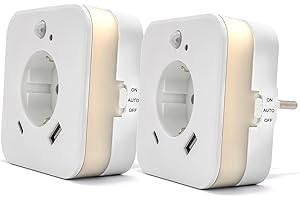 smrter LED-Nachtlicht mit Bewegungsmelder und Steckdose, 2x USB (1x USB C + 1x USB A) 2.4A, weiß, Ein/Aus/Auto Modus-Schalter, automatischer Lichtsensor, GS (geprüfte Sicherheit) (2 Stück [mit USB-C])