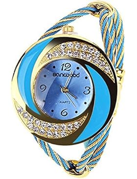 Goldene Damen Quarz Armbanduhr Watch Armbanduhr Blau