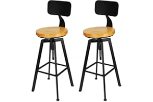 OUKANING Wooden Bar Stools Set of 2 Vintage Style Industrial Bar Stools for Living Room or Kitchen + Metal Backrest Chair 64-84 cm