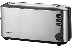 ‎SEVERIN SEVERIN Automatik-Langschlitztoaster, Automatik-Toaster mit Brötchenaufsatz, aus Edelstahl, zum Toasten, Auftauen und Erwärmen, 1.000 W, Edelstahl-gebürstet/schwarz, AT 2515
