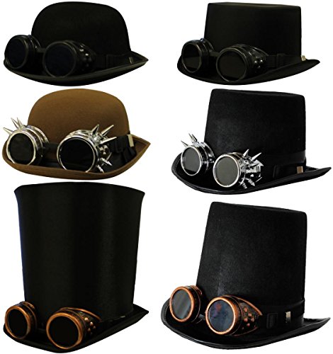 Steampunk Top Hat Satin Top Hat with Silver Goggles – Adults Gothic Fancy Dress Victorian Hat Accessory