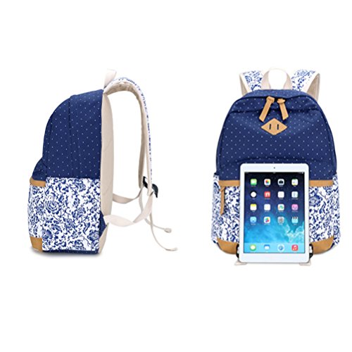 Inwagui Polka Dot Sac à Dos en Toile de Loisir Cartable Collège Lycée Voyages College Scolaire pour ado Filles Femmes - Bleu Foncé