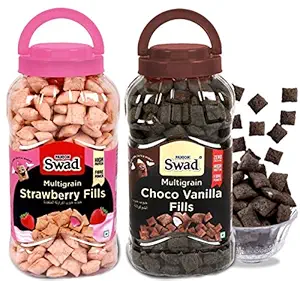 Swad Choco Vanilla Fills & Strawberry Fills (Wholegrain Chocolate Cream Biscuit Cereal Kids) 2 Jars, 740 g