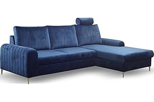 WFL GROUP Ecksofa Schlafsofa mit Bettkasten - Sofa Couch Ecksofa mit Schlaffunktion Bettfunktion L-Form mit Ottomane - Rechts - Dunkelblau
