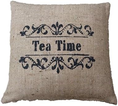 Tea Time Hand painted French shabby chic rustic hessian Burlap beige country style cushion cover (16"x16")