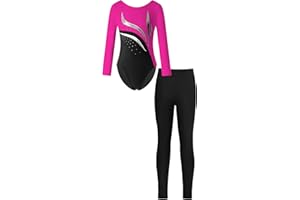 iEFiEL Mädchen Turnanzug Glitzer Gymnastik Leotard Langarm Akrobatik Anzug Tanzkostüme Turnbody Jumpsuit mit Sport Leggings